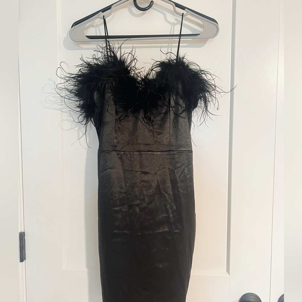 Black Satin Feather Slip Dress